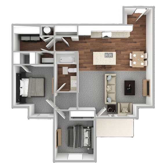 A 3D floor plan of a house layout.