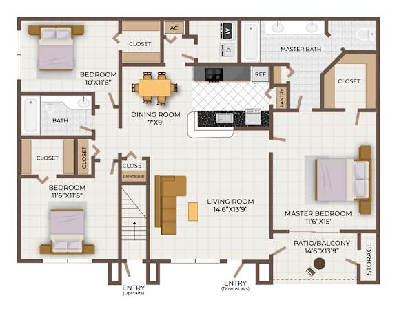 A floor plan of a three bedroom apartment with two bathrooms.