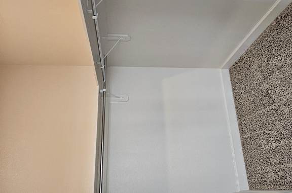 A white closet with a grey carpeted floor.