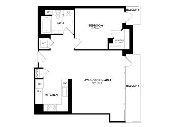 1 Bedroom, 1 Bathroom - 816 square feet