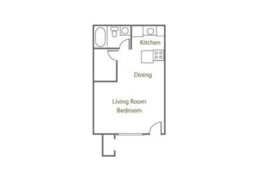 a floor plan of a studio apartment with a bedroom and a living room