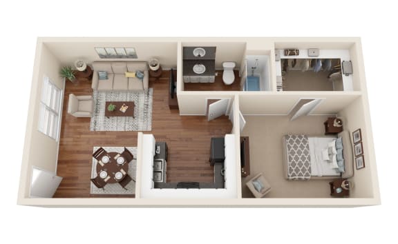 a stylized floor plan of a 1 bedroom apartment