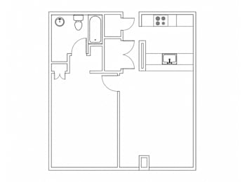A drawing of a 1 bedroom apartment with 1 bathroom.
