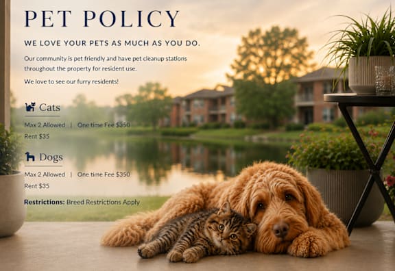 A pet policy flyer with a dog and cat on the table.