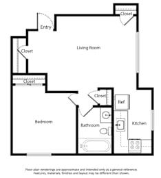 A floor plan of a 1 bedroom, 1 bathroom, xl apartment that is 620 square feet.