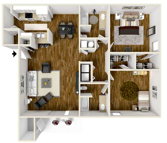 Two Bedroom Floor Plan | 1,192 Sq. Ft. at Lexington Pointe Apartments in Oxford, MS