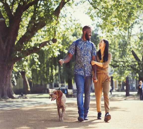A man and woman are walking their dog in a park.