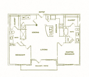 Floor Plan  A floor plan of a 2 bedroom, 2 bathroom apartment sized at 1218 square feet.
