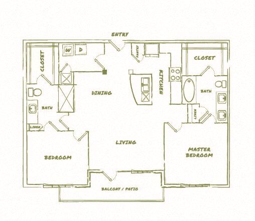 A floor plan of a 2 bedroom, 2 bathroom apartment sized at 1218 square feet.