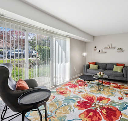 A living room with a grey couch, a black chair and a floral rug.
