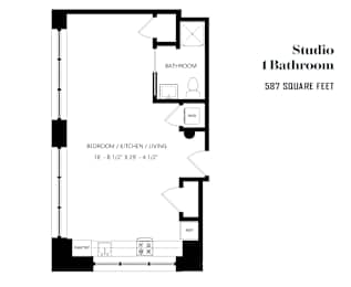 A black and white image of a studio apartment floor plan with a bathroom, bedroom/kitchen/living area, and pantry.