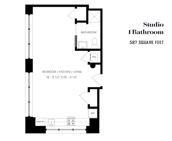A black and white image of a studio apartment floor plan with a bathroom, bedroom/kitchen/living area, and pantry.