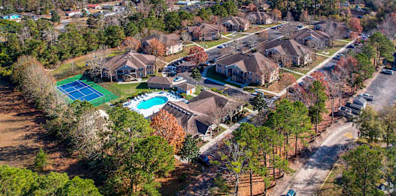 A bird's eye view of a residential area with houses, a swimming pool, and a tree-lined street.