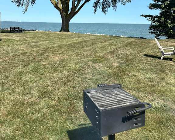A barbecue grill is on a lawn by the water.