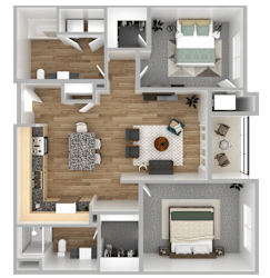 A 3D floor plan of a house with a living room, kitchen, dining room, and bedrooms.
