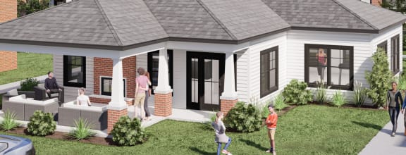 a rendering of a two story brick building with a gray roof