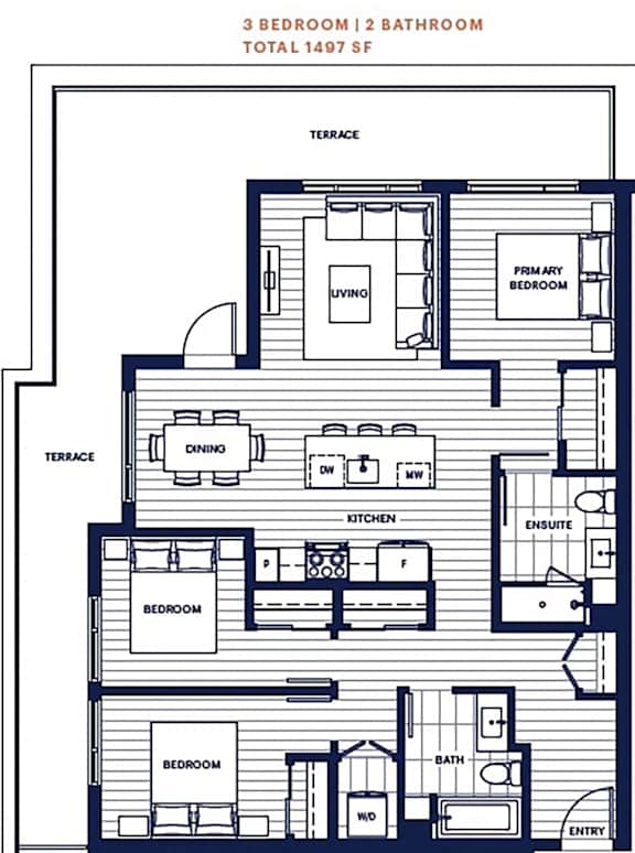 Penthouse 3 bed 2 bath 1497sf