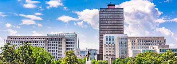 a city skyline with trees and a fountain in a park