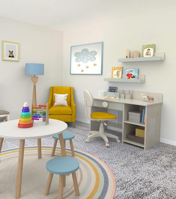 A room with a white table and yellow chair.