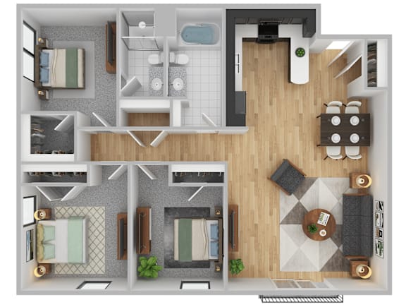 Floor Plan  A top-down view of a house layout with two bedrooms, a living room, a kitchen, and a bathroom.