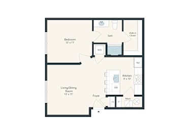 A floor plan for a 1 bedroom apartment sized at 634 square feet.