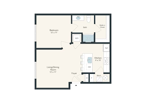 A floor plan for a 1 bedroom apartment sized at 634 square feet.