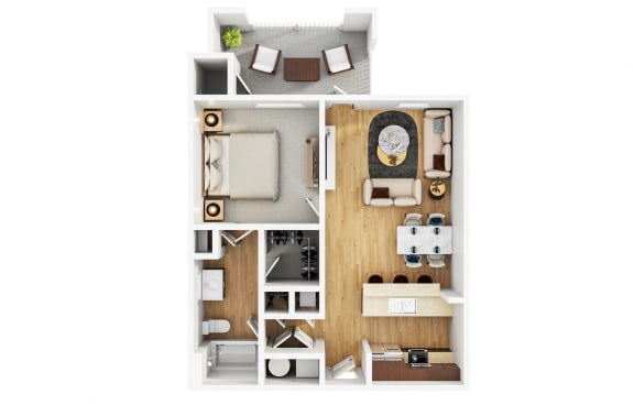 a stylized floor plan of a bedroom with a living room