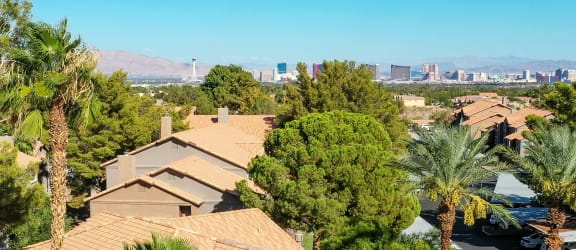 an aerial view of a house with a pool and palm trees