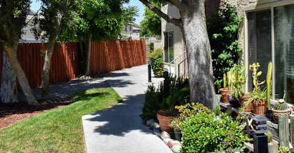grass lined walkway between units
