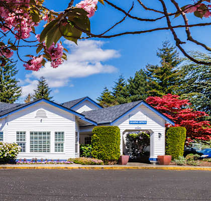 A house with a blue roof and white walls is surrounded by green bushes and trees with pink flowers.
