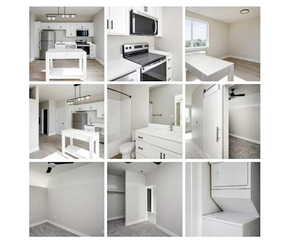 A series of images showcasing various rooms and appliances in a modern, white-themed kitchen and bathroom.