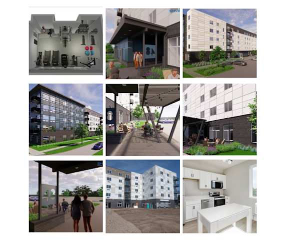 A collage of images showcasing various interior and exterior views of a modern building.