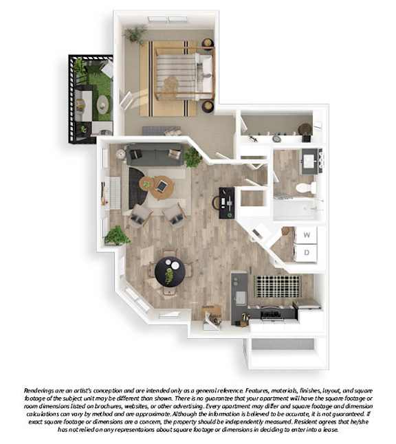 A floor plan of an Aukum Ironwood apartment with one bed and one bath.