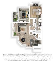 A floor plan of a 2 Bed/1 Bath apartment with a total area of 885 SQFT.
