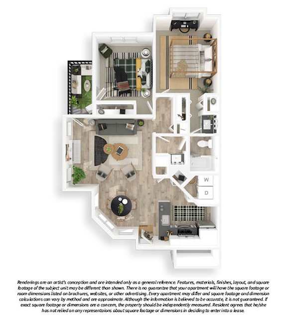 A floor plan of a 2 Bed/1 Bath apartment with a total area of 885 SQFT.
