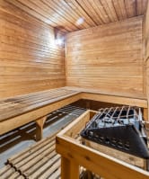 a large sauna with a stove and a table