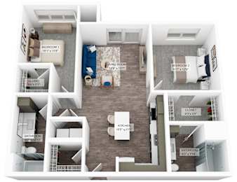 A 3D floor plan of a unit with a kitchen, living room, and two bedrooms.