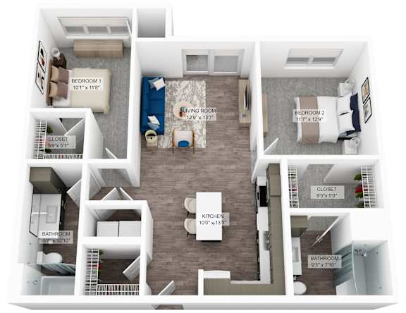 A 3D floor plan of a unit with a kitchen, living room, and two bedrooms.