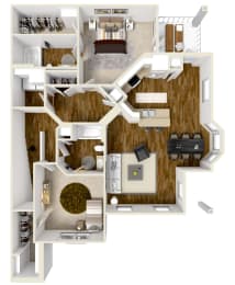 Two bedroom, Two bathroom floor plan at Audubon Park Apartment Homes in Zachary, LA