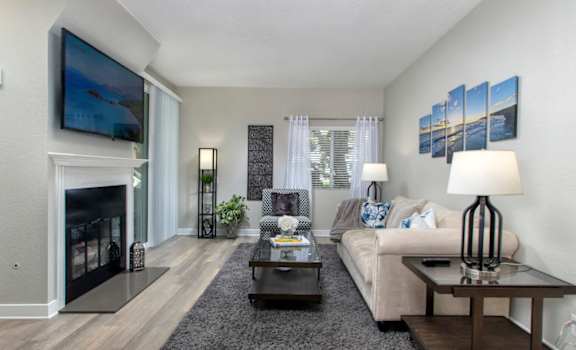 a living room with a fireplace and a couch at Harbor Pointe, Dana Point, CA
