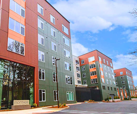 A Montague building with a red and green facade.