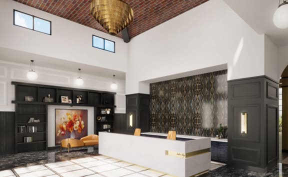 A rendering of a lobby with a white reception desk and a large painting on the wall
