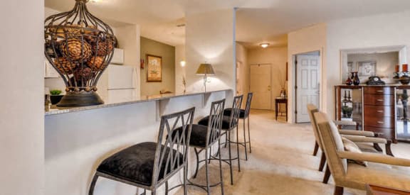 Kitchen bar with bar stools at The Sanctuary of Lake Villa, Illinois, 60046