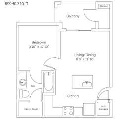 A floor plan of a one bedroom apartment with a living room, kitchen, bathroom, and balcony.