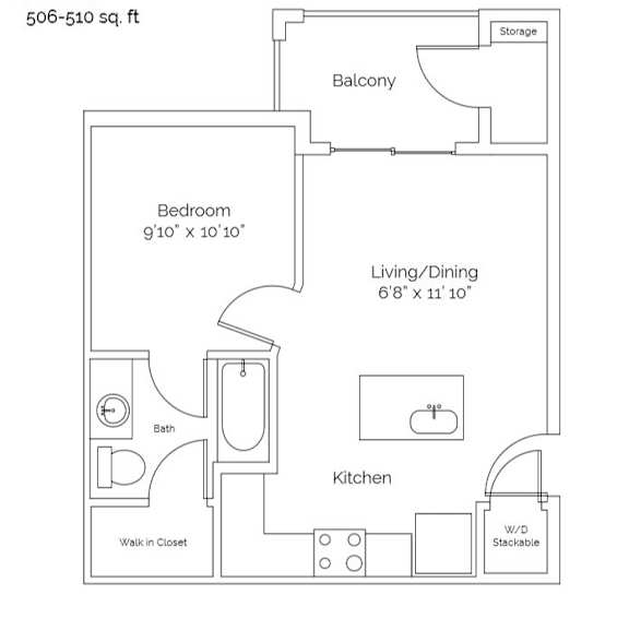 A floor plan of a one bedroom apartment with a living room, kitchen, bathroom, and balcony.