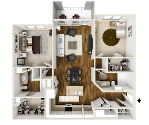 The Palms 2 bedroom, 2 bathroom floor plan | 1,184 Sq. Ft. at Faulkner Flats in Oxford, Mississippi
