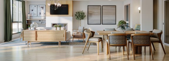a living room and dining room with a table and chairs