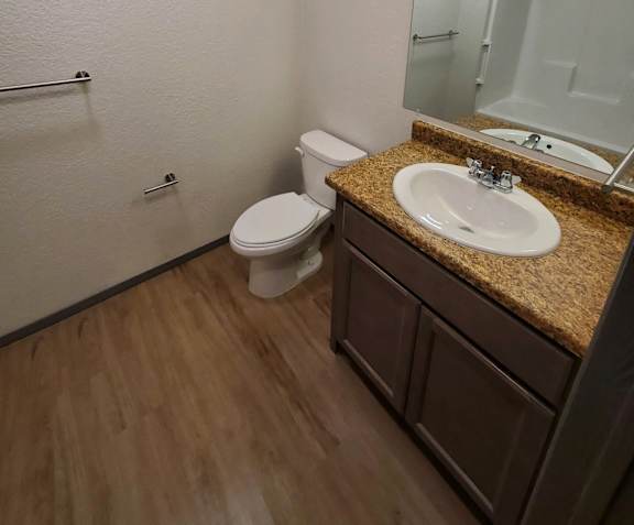 A bathroom with a toilet, sink, and mirror.