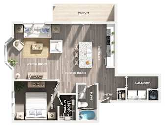 A floor plan of a house with a living room, dining room, kitchen, laundry, bathroom, and bedroom.