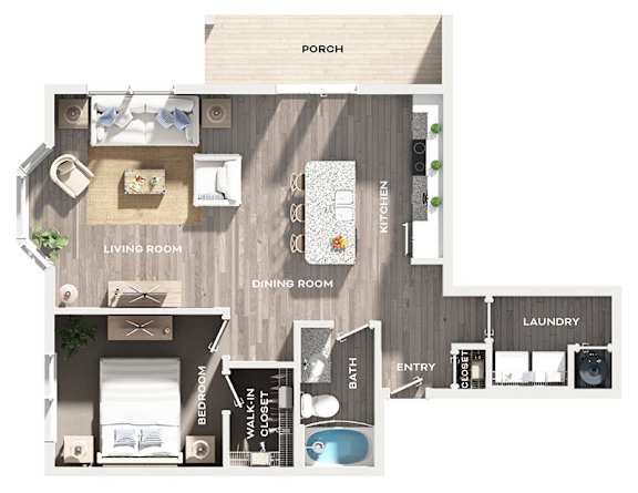 A floor plan of a house with a living room, dining room, kitchen, laundry, bathroom, and bedroom.